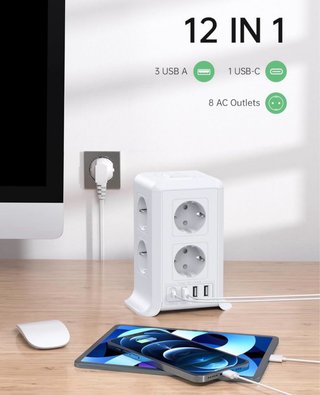 8 Tomas AC Torre Regletas Enchufes con 2 M Alargad