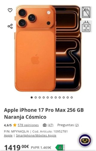 iPhone 17 Pro Max 256GB Naranja Cósmico