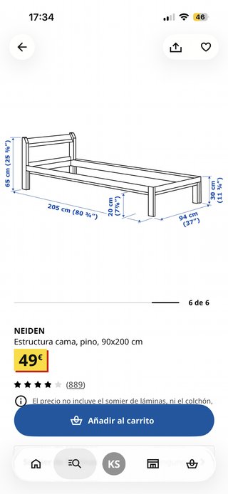 Estructura Cama Ikea Pino + Colchón 90x200