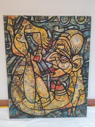 Cuadro Óleo Sellos Lienzo Multicolor