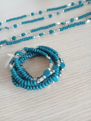 Conjunto de collar y pulseras turquesas y platedas