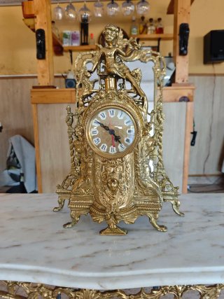 Juego Mesa Mármol, Reloj y Espejo Bronce