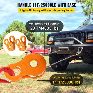 Bloque de Remolque, Límite de Carga de Trabajo de 11T/25,000 LBS, Polea de Winch de Alta Resistencia para Cuerda Sintética de 0.55"/14 mm o Grúas Blandas, Accesorios de Recuperación Off-road para ...