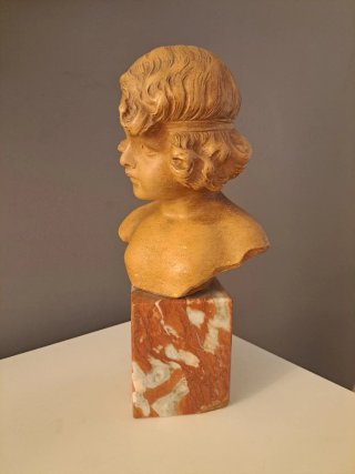 Busto Niña terracota y mármol Art Nouveau. Firmado