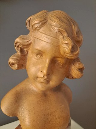 Busto Niña terracota y mármol Art Nouveau. Firmado