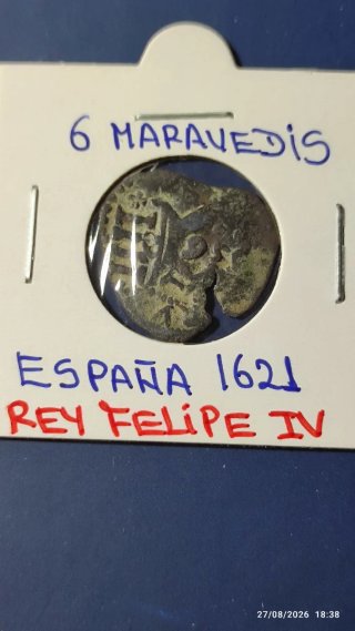 Moneda España 1621 Felipe IV 6 Maravedís