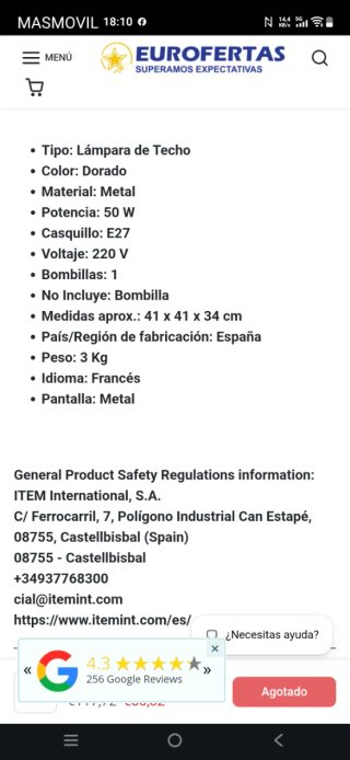 Lámpara de techo colgante dorada