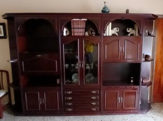 Librería de madera con puertas de cristal