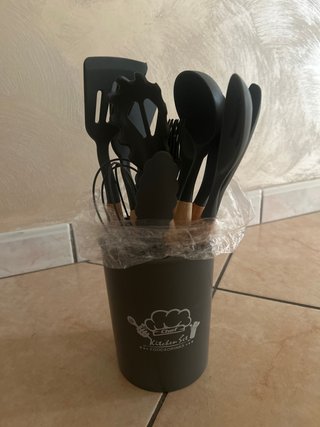 Set Utensili Cucina Nero e Legno