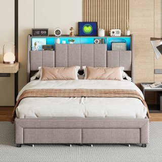 Cama tapizada beige/marrón con almacenaje