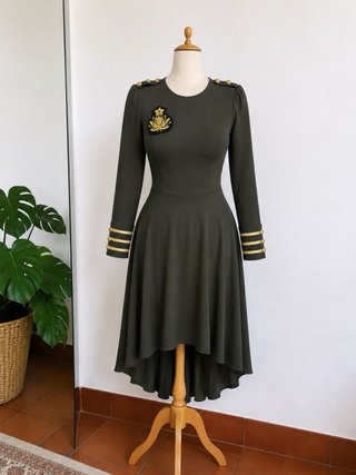 Vestido verde militar con detalles dorados