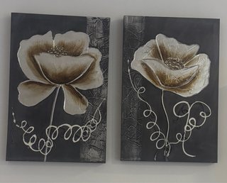 Set 2 Cuadros Flores Plata y Negro