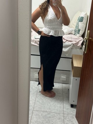 Falda larga negra canalé - Stradivarius - Talla XS