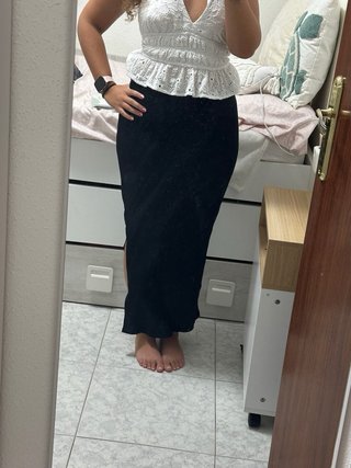 Falda larga negra canalé - Stradivarius - Talla XS