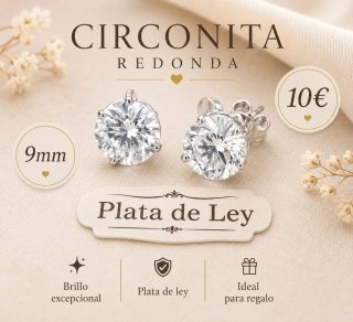 Pendientes Circonita Redonda 9mm Plata de Ley