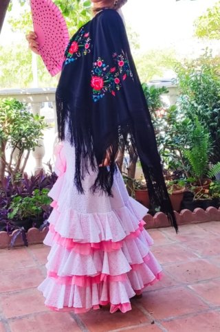 Vestido Flamenca Blanco y Rosa