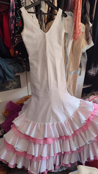 Vestido Flamenca Blanco y Rosa