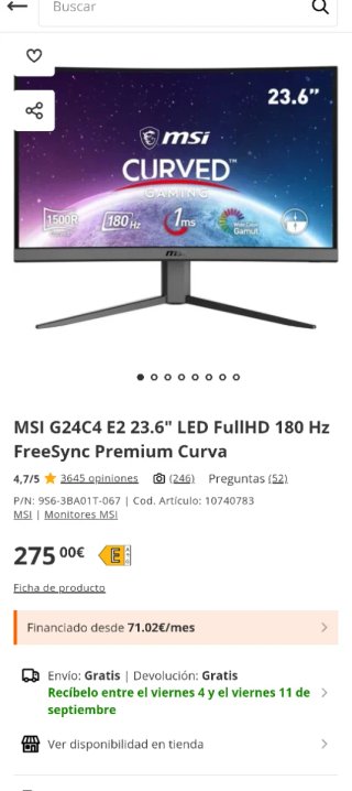 Monitor MSI G24C4 E2 23.6 180Hz Curvo