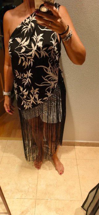 Top de flecos negro y beige talla única