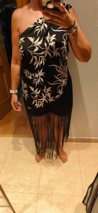 Top de flecos negro y beige talla única