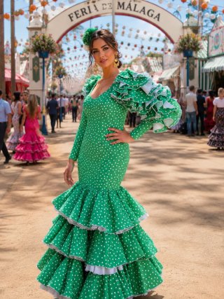 Traje de flamenca verde con lunares blancos