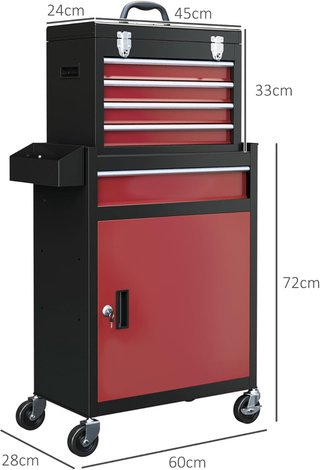 Carro Porta Herramientas Con 5 Cajones Y Ruedas, Caja De Herramientas Extraíble, Armario Con Llave De Acero, Rojo