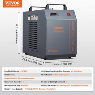 Enfriador de Agua Industrial, CW-5202, Sistema de Enfriamiento de Agua Industrial con Compresor Incorporado, Capacidad del Tanque de Agua de 7L, Tasa de Flujo Máxima de 18 L/min, para Máquina de G...