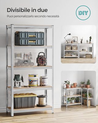 Set di 2 Scaffali in Metallo, Scaffali a 5 Ripiani Regolabili, Senza Viti, Scaffale Salvaspazio per Garage, Magazzino, Capacità 875 Kg, 40 X 90 X 180 Cm, Argento GLR040E02