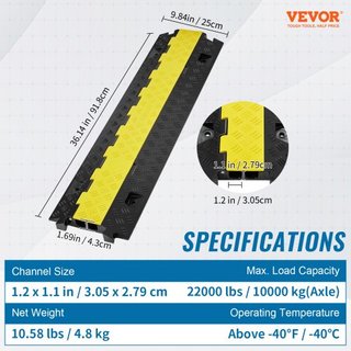 Rampas de Protección de Cables, 91.8x25x4.3 cm 2 Canales, Capacidad de 9979 kg/eje, Cubierta de Cable de TPU Pesada, Rampas de Protección de Mangueras, Bache de Tráfico con Tapa Abatible de TPR, p...