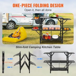 Mesa de Cocina para Camping, Estación de Cocción Plegable Portátil de Una Pieza con Bolsa de Transporte, Mesa de Camping de Aluminio con 4 Mesas Laterales de Hierro y 2 Estantes, Ideal para Picnic...