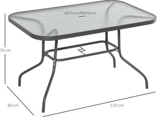 Tavolo da Giardino con Foro per Ombrellone, Mobili da Esterno in Metallo e Vetro 120X80X70Cm Grigio