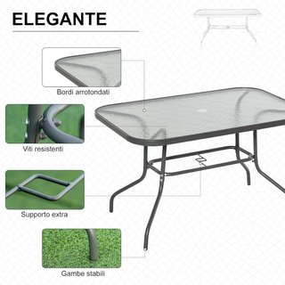 Tavolo da Giardino con Foro per Ombrellone, Mobili da Esterno in Metallo e Vetro 120X80X70Cm Grigio