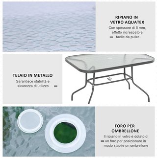 Tavolo da Giardino con Foro per Ombrellone, Mobili da Esterno in Metallo e Vetro 120X80X70Cm Grigio