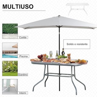 Tavolo da Giardino con Foro per Ombrellone, Mobili da Esterno in Metallo e Vetro 120X80X70Cm Grigio