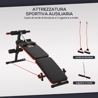Banco de Abdominales Plegable y Regulable para Entrenar en Casa, Banco de Gimnasio Multifuncional con Extractor de Resorte y 2 Cuerdas Elásticas, en Acero y Acolchado Negro y Rojo 51X137X50-66Cm