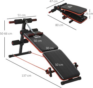 Banco de Abdominales Plegable y Regulable para Entrenar en Casa, Banco de Gimnasio Multifuncional con Extractor de Resorte y 2 Cuerdas Elásticas, en Acero y Acolchado Negro y Rojo 51X137X50-66Cm