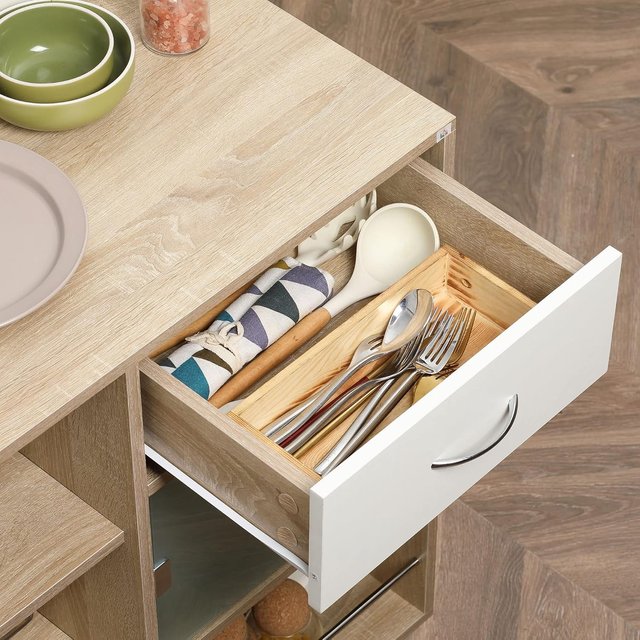 Carro De Cocina Moderno Con Cajón, Estantes Y Armario, Isla Para Cocina Portacomidas En Madera, Acero Y Vidrio, 65X39X80Cm