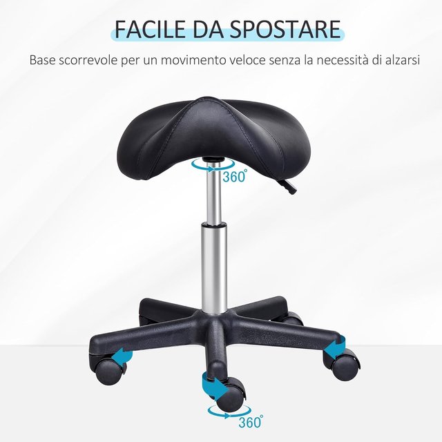 Sgabello Girevole a Forma di Sedia con Ruote, Sgabello per Parrucchieri ed Estetisti con Altezza Regolabile, Imbottito in Pelle Sintetica, Nero