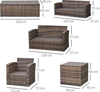 Set di Mobili da Giardino in Rattan da 6 Pezzi, Salotto da Giardino con 2 Tavoli con Stoccaggio, Divani e 2 Poltrone Imbottiti per 7 Persone, Marrone