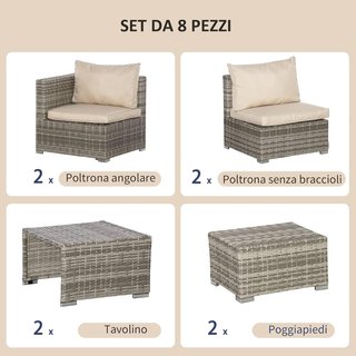 Set di mobili da giardino in rattan PE da 8 pezzi, beige