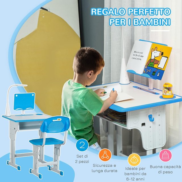 Mesa para Niños de 6-12 Años Altura Ajustable con Lámpara LED, Atril y Estante, Conjunto de Escritorio con Silla para Niños en PP, Acero y MDF, Azul