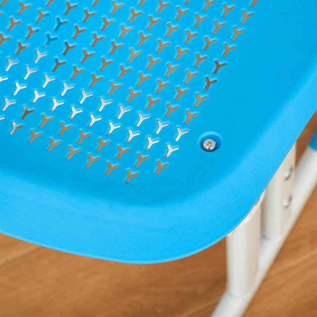 Mesa para Niños de 6-12 Años Altura Ajustable con Lámpara LED, Atril y Estante, Conjunto de Escritorio con Silla para Niños en PP, Acero y MDF, Azul
