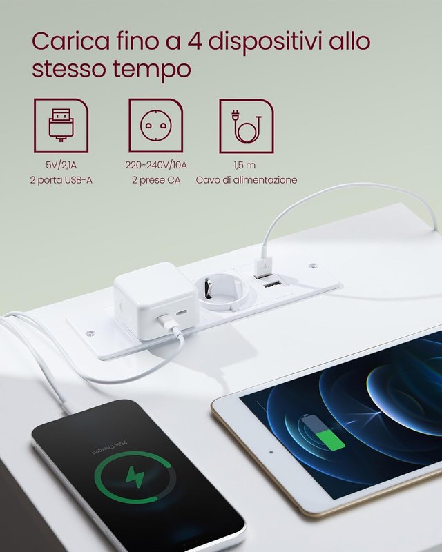 Colección KAILYN - Mesita de Noche con Toma de Corriente, Mesa, 2 Cajones, 2 Tomas AC, 2 Puertos USB-A, Sala de Estar Dormitorio, Moderna, Blanco Nube LET621W02