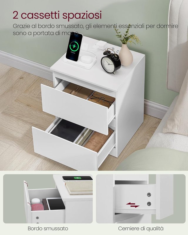 Colección KAILYN - Mesita de Noche con Toma de Corriente, Mesa, 2 Cajones, 2 Tomas AC, 2 Puertos USB-A, Sala de Estar Dormitorio, Moderna, Blanco Nube LET621W02