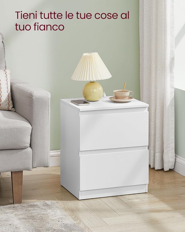 Colección KAILYN - Mesita de Noche con Toma de Corriente, Mesa, 2 Cajones, 2 Tomas AC, 2 Puertos USB-A, Sala de Estar Dormitorio, Moderna, Blanco Nube LET621W02