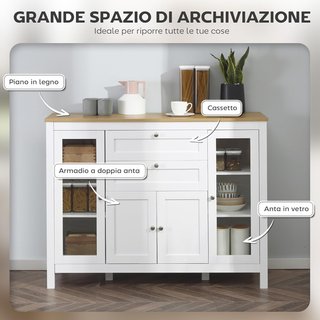 Credenza Cucina, Mobile Cucina Con 2 Cassetti, 3 Armadi, Superficie in Gomma, Credenza Buffet Con Porte in Vetro, Ripiani Regolabili, per Soggiorno e Sala da Pranzo, 120X40X90Cm, Bianco