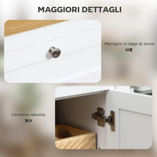 Credenza Cucina, Mobile Cucina Con 2 Cassetti, 3 Armadi, Superficie in Gomma, Credenza Buffet Con Porte in Vetro, Ripiani Regolabili, per Soggiorno e Sala da Pranzo, 120X40X90Cm, Bianco