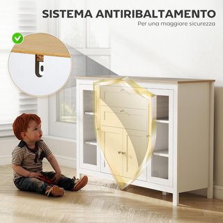 Credenza Cucina, Mobile Cucina Con 2 Cassetti, 3 Armadi, Superficie in Gomma, Credenza Buffet Con Porte in Vetro, Ripiani Regolabili, per Soggiorno e Sala da Pranzo, 120X40X90Cm, Bianco