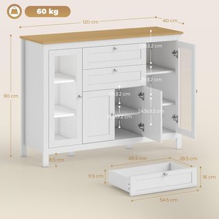 Credenza Cucina, Mobile Cucina Con 2 Cassetti, 3 Armadi, Superficie in Gomma, Credenza Buffet Con Porte in Vetro, Ripiani Regolabili, per Soggiorno e Sala da Pranzo, 120X40X90Cm, Bianco