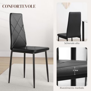 Set di 6 Sedie da Pranzo in Pelle Sintetica, Sedie da Cucina con Schienale Alto con Cuciture a Diamante e Gambe in Acciaio, Sedie Moderne per Cucina, Camera da Letto, Ufficio e Soggiorno, Nero